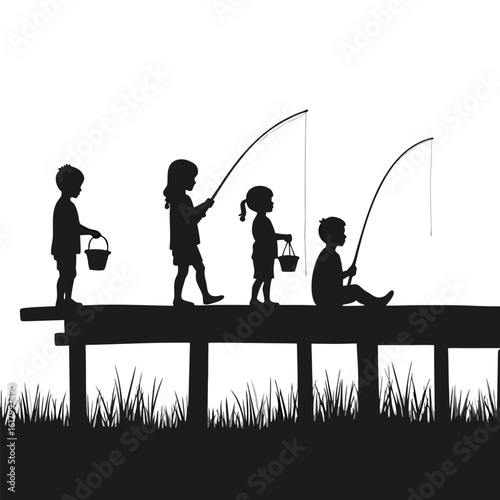 Children fishing on a pier with buckets and rods dock water