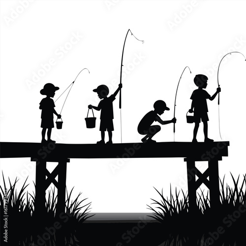 Children fishing on a pier with buckets and rods dock water