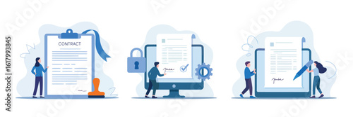 Digital Contract Signing and Agreement: A collection of digitally illustrated contract signing scenarios, highlighting security, validation, and the legal aspects of electronic agreements.