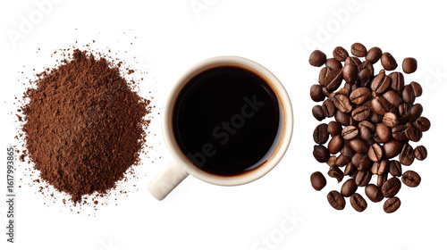 Coffee cup with ground coffee and coffee beans on a white background.