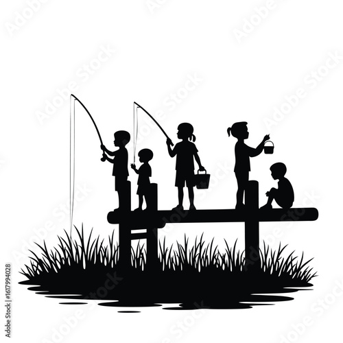 Children fishing on a pier with grass and water dock rods