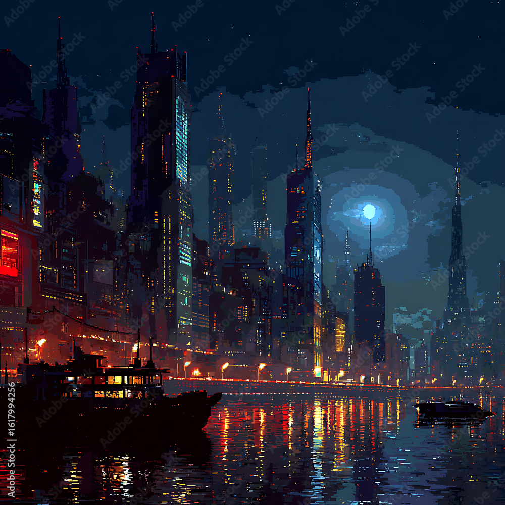 Fototapeta premium Futuristic cityscape at night with water reflections