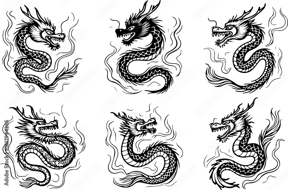 Fototapeta premium Majestic Eastern Dragon tattoo design Set graphics