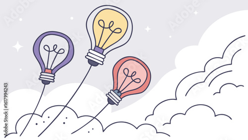 A creative illustration shows lightbulbs floating in the sky, symbolizing ideas and inspiration