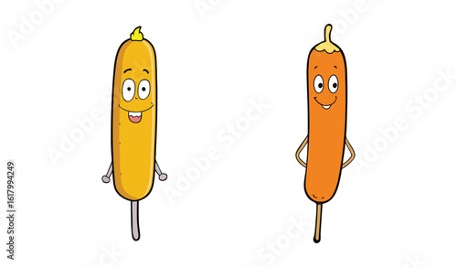 Two cartoon corn dogs with happy faces on sticks isolated on white background