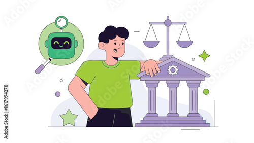 AI Lawyer's Inquiry: A conceptual illustration showcasing a person engaging with an AI-powered chatbot, positioned alongside a courthouse, emphasizing AI's potential role in law and justice.