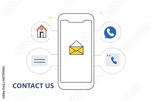Contact Us Concept with a Smartphone and Communication Icons, Including VoIP, Email, and Address, Modern Vector Illustration - Generative AI