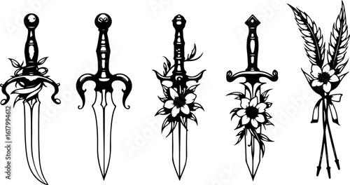 Ornate Daggers and Floral Emblems tattoo design bundle