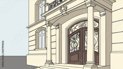 A grand entrance with ornate ironwork doors and classical columns creates a sophisticated architectural design, showcasing the buildings facade and decorative details