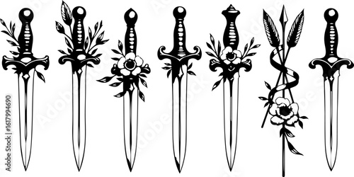 Ornate Daggers and Floral Emblems tattoo design bundle