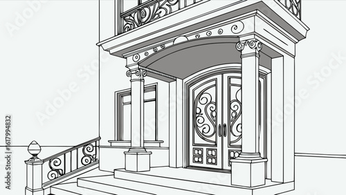 An architectural sketch of a grand entrance with ornate ironwork doors and classical columns showcases the buildings facade and decorative details in a blueprint style