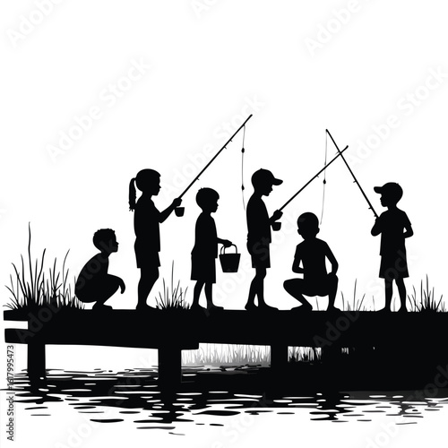 Children fishing on a wooden pier by the water lake