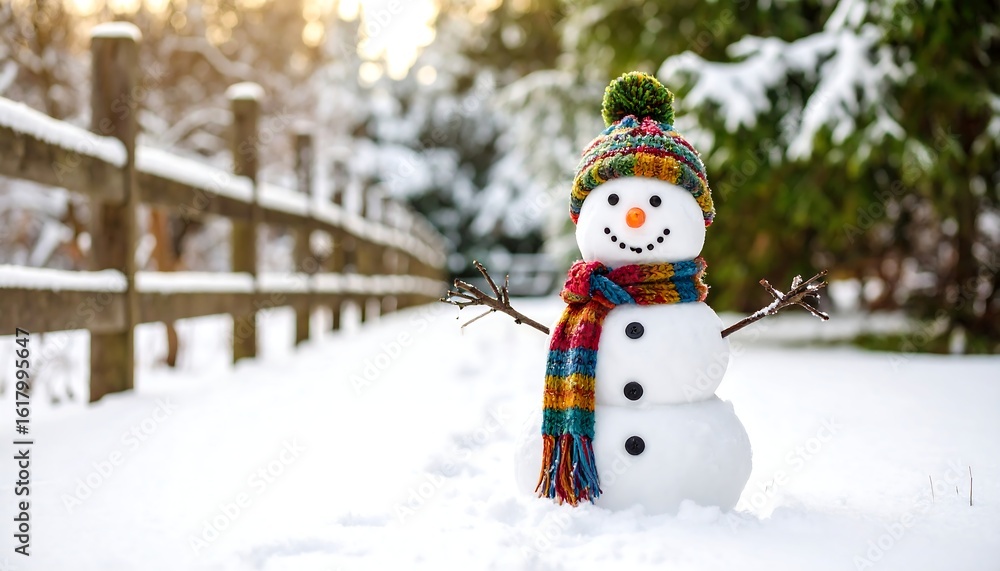 Fototapeta premium Cheerful snowman with colorful hat and scarf stands in a snowy winter landscape