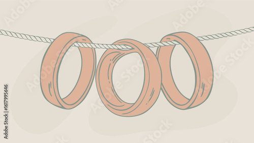 Three simple rings hang from a rope in a minimalist illustration, showcasing modern jewelry design