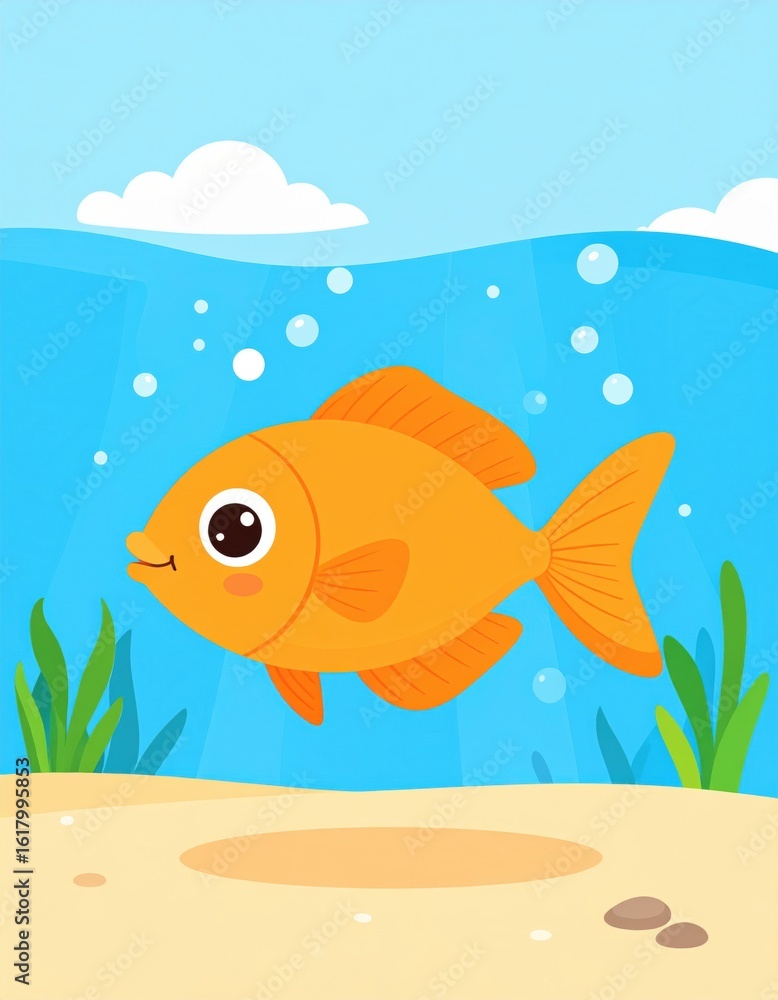 Naklejka premium A cheerful cartoon fish swims in clear blue water, surrounded by green sea plants and bubbles, creating a playful underwater scene.