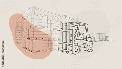 A forklift is moving boxes in a warehouse, showcasing the logistics and distribution process with a sketchstyle illustration
