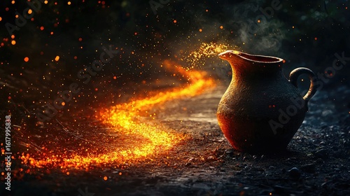 ancient clay pitcher pouring anointing oil glowing particles on to a winding mysterious path realistic dark fantasy