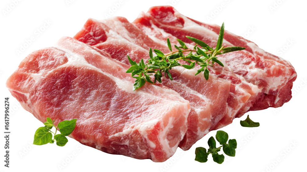 Fresh raw pork chops with herbs, isolated on a white background. Fresh raw pork chops with herbs, isolated on a white background.