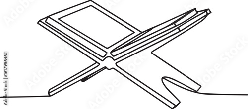 Continuous one line drawing of an open Quran resting on a traditional Rehal stand, symbolizing Islamic faith and spiritual knowledge

