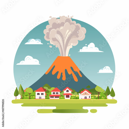 Flat vector of Mount Merapi spewing volcanic ash and pyroclastic clouds, with surrounding villages in the distance