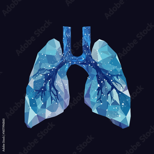 Low poly geometric human lungs with starry sky effect and branching bronchi in blue polygonal abstract health illustration vector