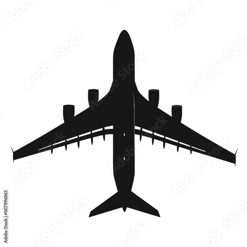 Top view silhouette of large commercial airplane vector illustration in flat minimalist style with detailed wings and engines for aviation design concepts