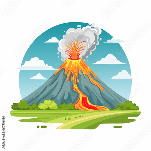 Flat vector of Mount Merapi spewing volcanic ash and pyroclastic clouds, with surrounding villages in the distance