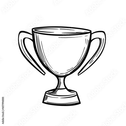 Hand drawn sketch of classic trophy cup with two handles and pedestal base for award or victory concept black line art illustration isolated on white background
