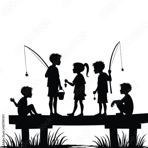 Children fishing on a wooden pier with grass and water vector