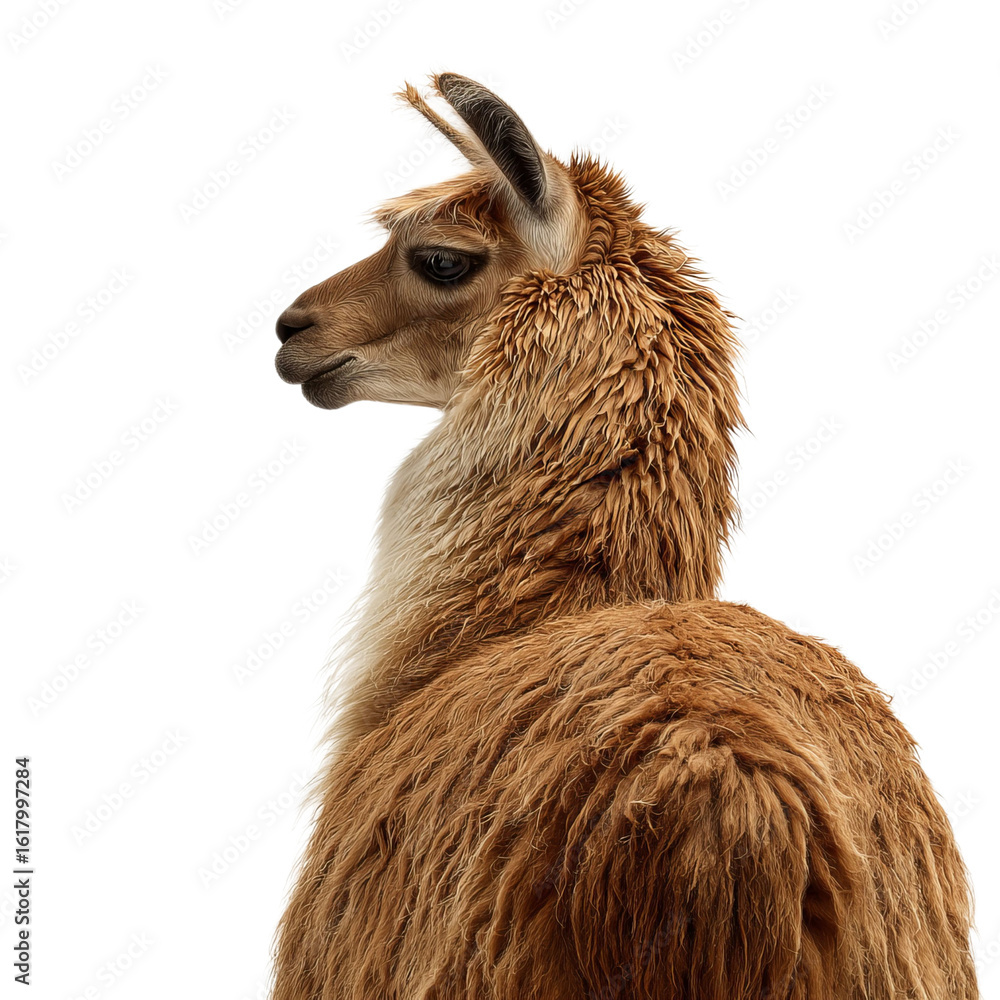 Obraz premium A majestic llama with soft, fluffy fur, exuding a calm demeanor against a clean, white background.