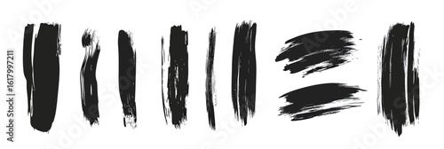 Set of black grunge brush strokes and paint smears with rough textured edges isolated on white background for design elements and artistic textures collection vector illustration