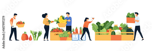 People buying fresh fruits vegetables picking organic food from market boxes standing isolated on white background healthy lifestyle concept flat vector illustration