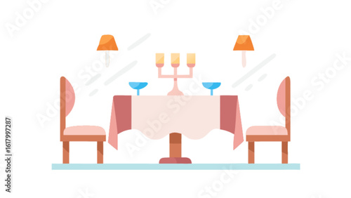 A romantic dining room setup with a table, chairs, and elegant decor, perfect for a special occasion or intimate dinner, isolated on white background