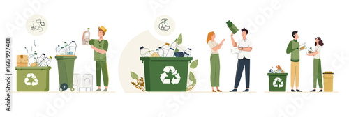 People recycling plastic and glass bottles in bins, collecting trash for environmental protection and sustainable waste management in flat vector style