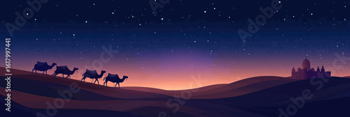 Arabian camel caravan crossing desert dunes at dusk with starry night sky silhouette of distant palace architecture vector minimalistic flat illustration