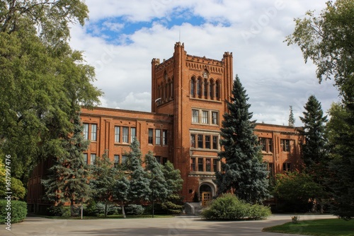 Higher Education Building in Moscow, Idaho with Beautiful Scenic View of Trees and Clouds