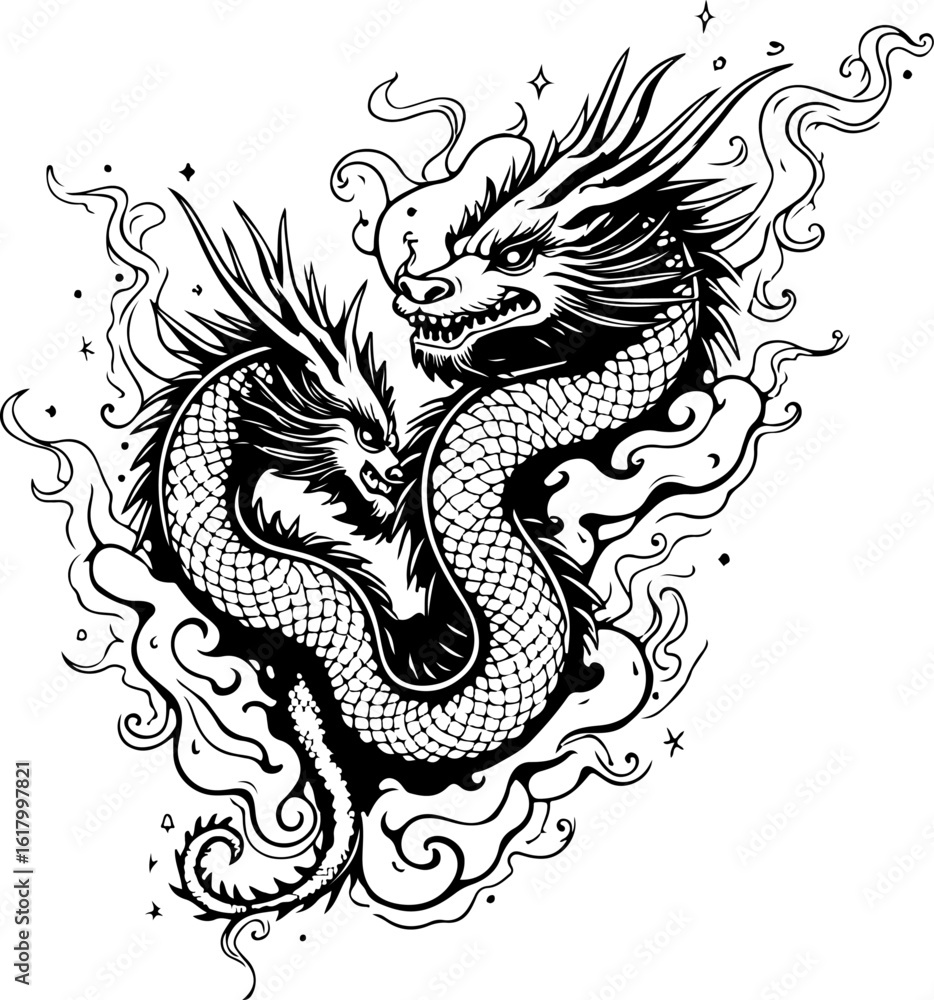 Fototapeta premium Majestic Eastern Dragon Tattoo design Set