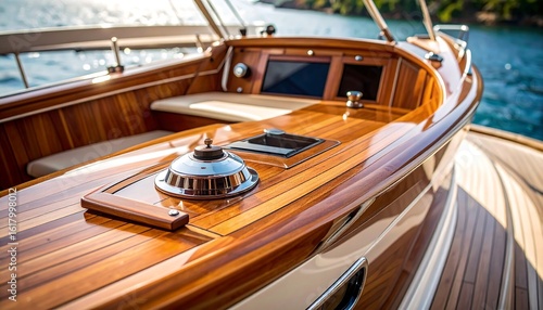 Elegant wooden interior of a classic motor yacht with polished surfaces and nautical details