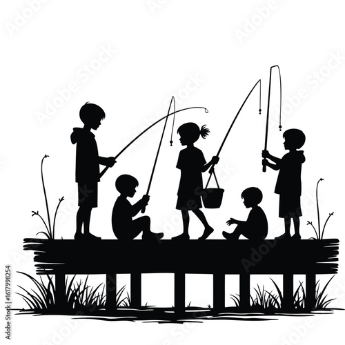 Children fishing together on a wooden pier rods bucket