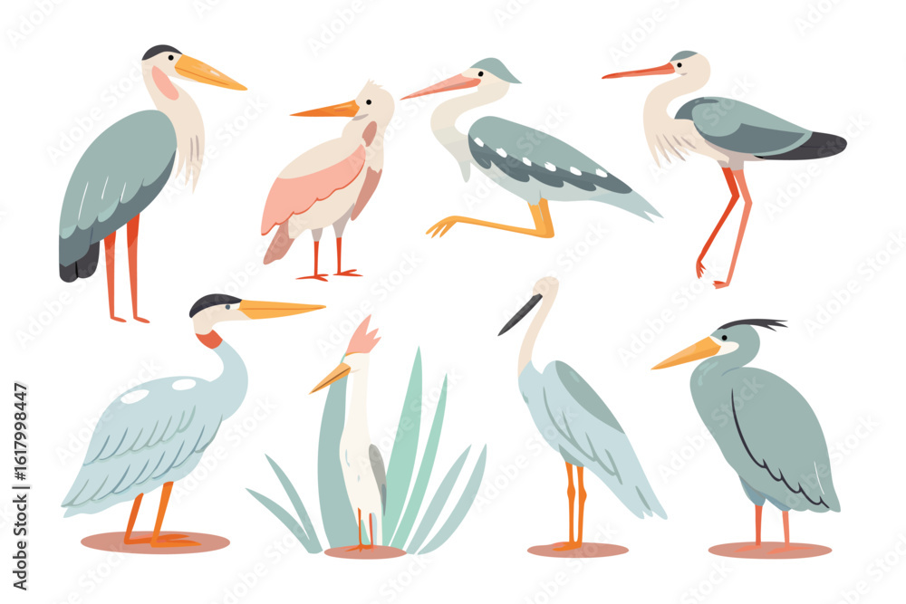 Obraz premium Bird Collection: A vibrant illustration showcases a diverse array of birds, each with unique feather patterns, perched gracefully against a soft, pastel background.