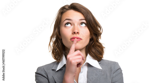 Thoughtful businesswoman looking up with finger on lips in a professional suit.