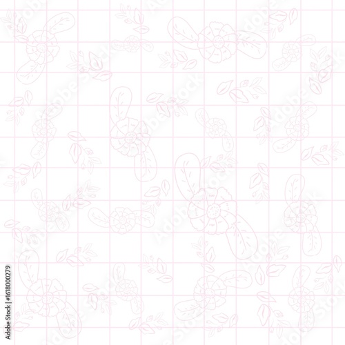 grid pattern,pink tone, flower, butterfly, pastel pink, background, line art, cartoon style, cute, vintage, minimal, soft, textile, nature