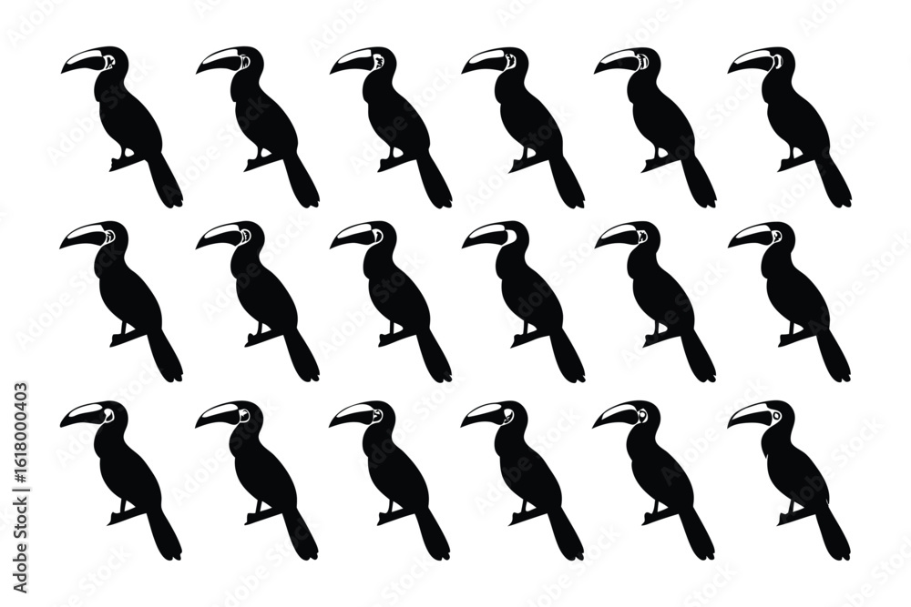 Naklejka premium Silhouette Toucans Array: A meticulously designed array showcases multiple silhouette toucans, emphasizing their distinctive form, and a creative element in design.