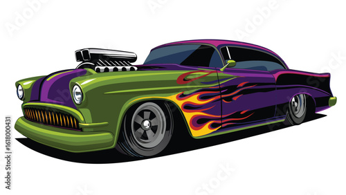 illustration of hot rod car with flames vector on white background