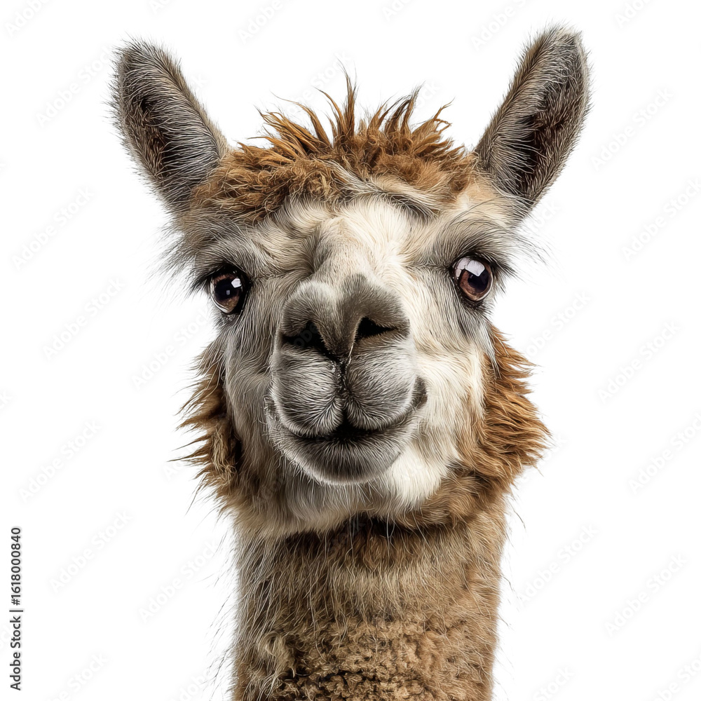 Fototapeta premium A close-up portrait of a friendly llama with expressive eyes and fluffy fur, set against a stark black background.