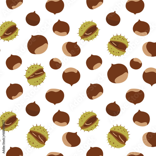 Seamless pattern with various chestnuts and horse chestnuts autumn theme