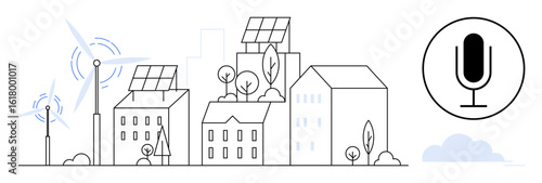City buildings with solar panels, wind turbines, trees, modern design, and microphone. Ideal for sustainability, green energy, innovation, urban planning smart city eco-tech simple landing page