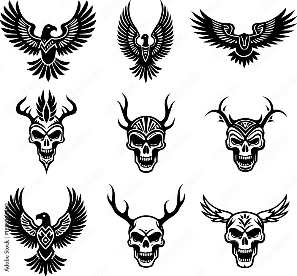 Obraz premium Tribal Skulls and Eagles tattoo Collection bundle