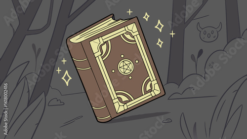 A magical book with a pentagram design floating in a forest with a spooky creature in the background