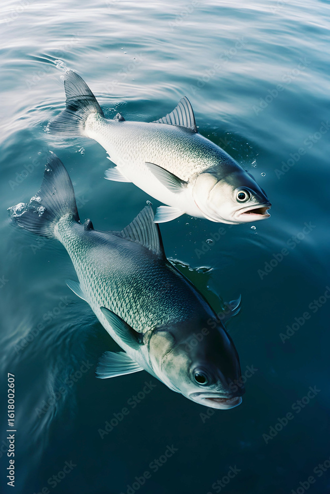 Fototapeta premium two vibrant silver carp swimming gracefully in deep blue water, their scales shimmering as they break the surface